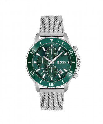 BOSS Admiral Qtz Fashion Chrono Green Round Dial Men's Watch|Stainless Steel Material|Silver Color Band - 1513905