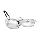 Bowls & More | Flat Bottom Stainless Steel 3 Pcs Cookware Set - 22 cm Wide kadai (2.0 L) with Lid | 22cm Fry pan (1.4L)...