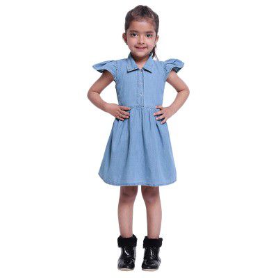 BownBee Ruffle Sleeve Denim Dress for Baby Girl- Blue