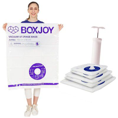 BOXJOY 1 JUMBO 2 LARGE 2 MEDIUM Transparent Vacuum Storage Bags for Travelling with Travel Vaccum Pump | Pack of 5