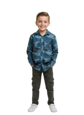 Boys Casual Button Down Shirt in Blue Abstract Print, Long Sleeve Cotton Outfit