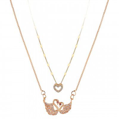 Brado Jewellery Micro Gold Plated Combo of 2 American Diamond Beautiful Swan Shape Love Bird Necklace and Love Heart Pendant with Love Heart Chain for Women and Girls