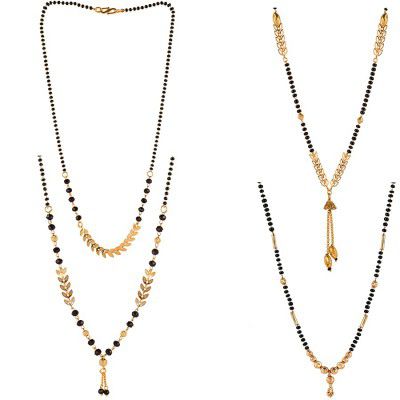Brado Jewellery One Gram Brass & Gold Plated Combo of 4 Mangalsutra Necklace Pendant Tanmaniya Nallapusalu Black Pearl Bead Chain for Women (Yellow)