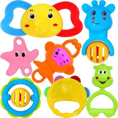 Brand Conquer Colourful Non Toxic BPA-Free Rattles and Teether for Babies Set of 7 Attractive Rattle for New Born and Infants