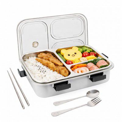 Brand Conquer Lunch Box Leak-Proof BPA Free Stainless Steel for School, Lunch Box (Grey, 3 Compartment)