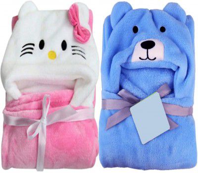 BRANDONN Combo of Fleece Pink Kitty, Blue Dog New Born Baby Hooded Funny Cap Blanket - Pack of 2