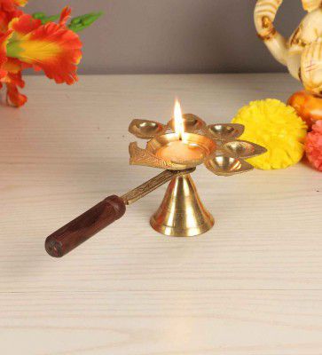 Amaya Decors Brass Panch Aarti With Wooden Handle