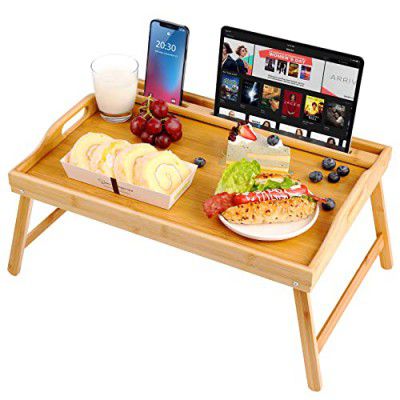Breakfast in Bed Tray with Legs,Bed Trays Eating Table Lap Trays for Eating Lap Desk 20 Inch Removable Media Slot Laptop Bed Tray Bamboo with Foldable Legs