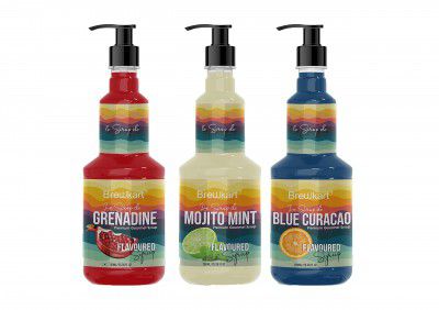 Brewkart Blue Curacao, Mojito Mint, Grenadine Syrup, 750ml Bottle Each | Comes With Dispenser Pump | Made With Real Juices | Suitable for Cocktails, Mocktail, Drinks, Juices, Beverages and More