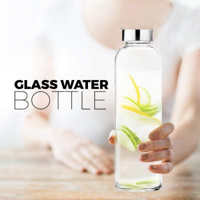 Brezzycloud Glass Fridge Water Bottle With Steel Cap | Set Of 1, 800Ml 