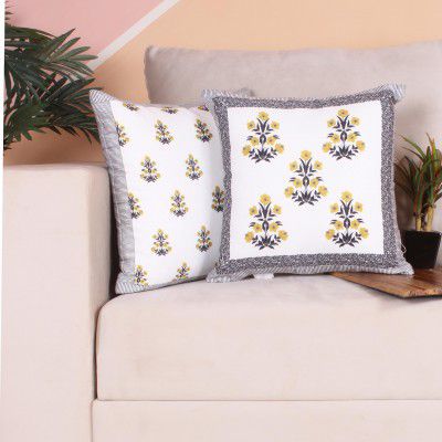 BRICK HOME Poly Cotton Both Side Block Print Floral Valley Yellow Cushion Cover Set of 2