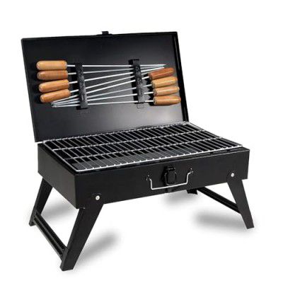 Briefcase Barbecue - Freeboot Foldable Briefcase Style Charcoal Barbecue And Tandoor Grill Barbeque Stand For Outdoor Picnic(2 Spatula, 1 BBQ, 10 Stick, 1 Air Blower, 1kg charcoal)