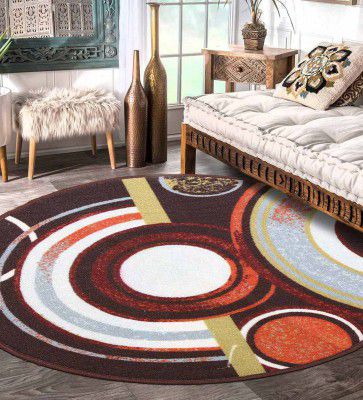 Brown Geometric Polyester 3 ft x 3 ft Machine Made Round Carpet