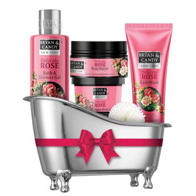 Bryan & Candy Delicate Rose Bath Tub Gift Set for Women and Men |Complete Home Spa Experience (Shower Gel, Body Butter, Sugar Scrub, Face Wash)
