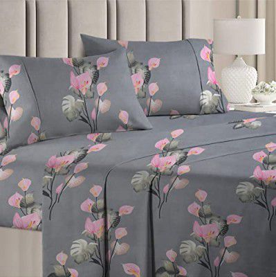 BSB HOME 100% Cotton Feel 160 TC Big Flower Printed Double Bedsheets with 2 King Size Pillow Cover, (90X90 Inches, 7x7.5 Feet, Grey & Pink Flower), 160tc, Under 200 tc