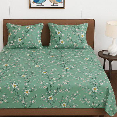 BSB HOME 100% Cotton Feel Double Bed Bedsheet Set  White Flower Print with 2 Pillow Covers | Wrinkle Free | for Bedroom (90 x 90 Inches)