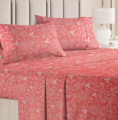 BSB HOME 100% Cotton Feel Flat Double Bedsheets with 2 King Size Pillow Covers | Ultrasoft 180 TC Supersoft |90 x 100 Inches | Color- Pink Floral
