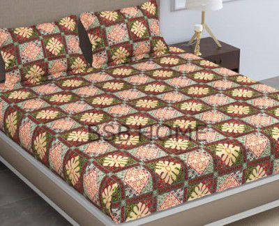 BSB HOME Pure Microfiber Jaipuri Rajasthani Print Bedsheet for Double with 2 Pillow Covers 144tc Breathable Wrinklfree Color - Beige & Green
