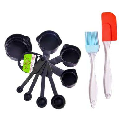 Bulfyss Popular Combo - Food Grade 8Pcs Black Measuring Cups and Spoons Set, Silicone Series Spatula and Brush Set (Made in India)