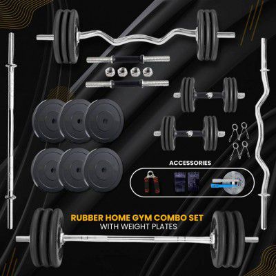 BULLAR 20 kg Rubber Home Gym Set with Dumbbell rods,with Workout Accessories 4ft+5ft(25 MM) Home Gym Combo