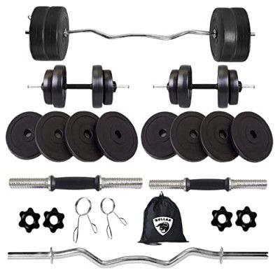 BULLAR Home Gym Set, 8kg to 20kg with 3 Feet Ez Curl Rod and 2 Dumbbell Rods, Gym Combo, and Home Workout Equipments with PVC Weights Plates, gym bag (10KG)