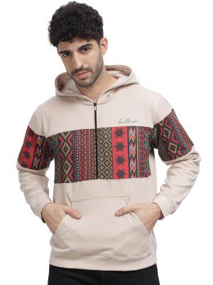 BULLMER Grey Melange Trendy Colourblock Fleece Hoodie Sweatshirt for Men