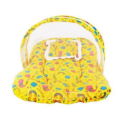 Bumtum Baby Bed, Mosquito Net & Neck Pillow, Baby Gadda Set for New Born, 0-6 Month, Printed Baby Bedding, Baby Bird Sleeping Bed of 71cm x 47cm x 5cm, Yellow