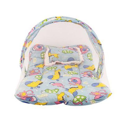 Bumtum Baby Bed, Mosquito Net & Neck Pillow, Baby Gadda Set for New Born, 0-6 Month, Printed Baby Bedding, Baby Teddy Girrafe Sleeping Bed of 71cm x 47cm x 5cm, Dark Blue