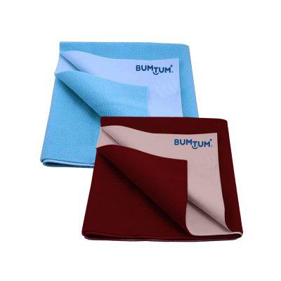 Bumtum Baby Dry Sheet Waterproof Soft Fleece Baby Bed Protector | Anti - Bacterial & Odour Free | Extra Absorbant, Reuseable & Washable (Aqua Blue + Maroon Combo, Medium Size, 100 * 70cm, Pack of 2)