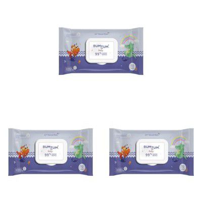 Bumtum Baby Gentle 99% Pure Water Soft Moisturizing Wet Wipes With Lid | Aloe Vera & Chamomile Extracts (Pack of 3, 72 Pcs. Per Pack)