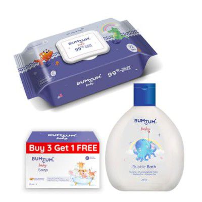 Bumtum Baby Gentle 99% Pure Water Wet Wipes with Lid - 72 Pcs.(Pack of 1) & Baby Soap (4N x 50 Gram) & Baby Bubble Bath (200 ML) Combo