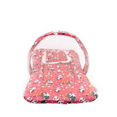 Bumtum Baby Panda Mosquito Net & Neck Pillow, Baby Gadda Set, 0-6 Month, Printed Baby Bedding, Sleeping Bed of 71cm x 47cm x 5cm, Hot Pink