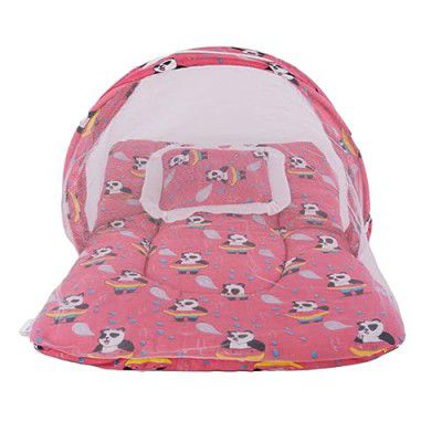 Bumtum Baby Panda Mosquito Net & Neck Pillow, Baby Gadda Set for New Born, 0-6 Month, Printed Baby Bedding, Sleeping Bed of 71cm x 47cm x 5cm, Peach, Cotton, Free Size