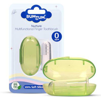 Bumtum Baby Silicone Finger Toothbrush with Soft Bristles & Carry Case| Finger Brush for Babies| Gentle Cleaning Oral Hygiene of Gums/Tounge Designed for Kids |BPA Free (Green, 2 Count)