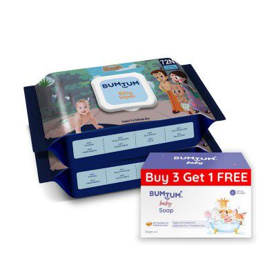 Bumtum Chota Bheem Gentle Soft Moisturizing Wet Wipes with Lid - 144 Pcs (Pack of 2) & Baby Soap (4N x 50 Gram) Combo