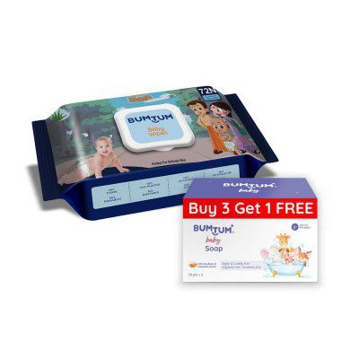 Bumtum Chota Bheem Gentle Soft Moisturizing Wet Wipes with Lid - 72 Pcs.(Pack of 1) & Baby Soap (4N x 50 Gram) Combo