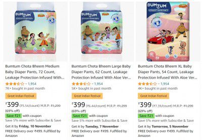 Bumtum Diapers: Minimum 60 - 65% OFF + Up to ₹51 Coupon + Up to 10% Extra on Subscribe & Save