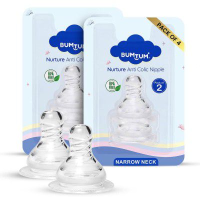 BUMTUM Nurture Anti Colic Teat/Nipple for Narrow Neck Bottle |4pcs- Medium Size |Bottle Nipple 