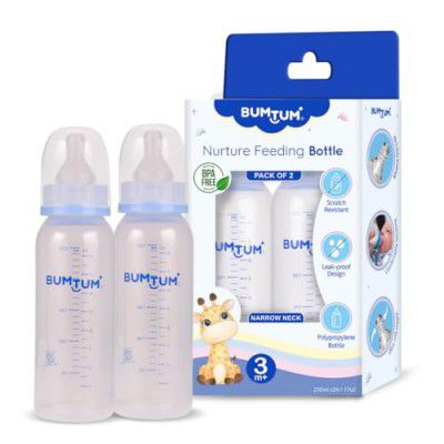 Bumtum Nurture Narrow Neck Feeding Bottle Liquid Silicone Teat with Advanced Anti-Colic Valve - 250ml - (Pack of 2)