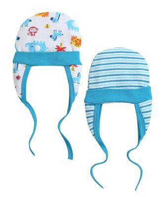 BUMZEE Blue & White Baby Boys Ear Flap Tying Cap Pack of 2 (Peb10091)