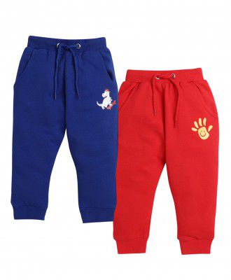 BUMZEE Full Length Graphic Print French Terry Joggers Pack of 2 - Royal Blue & Red