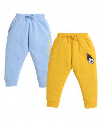 BUMZEE Full Length Graphic Print French Terry Joggers Pack of 2 - Blue & Yellow