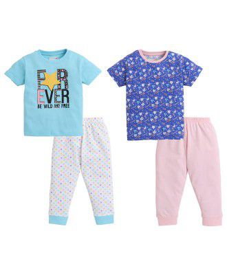 BUMZEE Half Sleeve Printed T-Shirts and Pajama Set for Girls Pack of 2