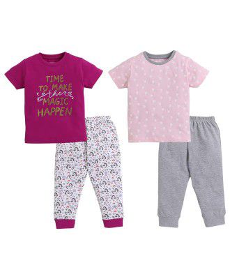 BUMZEE Half Sleeve Printed T-Shirts and Pajama Set for Girls Pack of 2