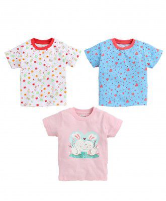 BUMZEE Pink & Blue Half Sleeves Baby Girls T-Shirt Pack of 3 Age - 12-18 Months