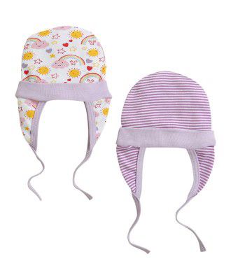 BUMZEE White & Lavender Baby Girls Ear Flap Tying Cap Pack of 2 (Peb10074)
