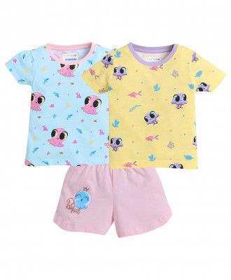 BUMZEE Yellow & Sky Blue Girls Half Sleeves T-Shirt Short Combo Set Pack Of 3 Age - 2-3 Years (Peb8001F-ylw.sbl)