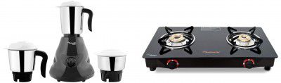 Butterfly Combo of Smart Glass 2 Burner Gas Stove, Black and Hero Grey Mixer Grinder with 3 Jars, 500W