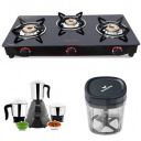 Butterfly Glass Top Gas Stove (3 burner)+ 3 LTR Pressure Cooker (outer lid)+ SS Idli Maker (4 plates)+ 500W Mixer Grinder (3 SS jars)+ Hand Chopper (900 ml)+ SS Hot and Cold Flask (0.5 L)...