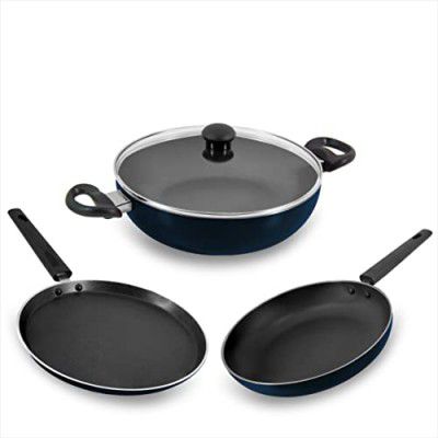 Butterfly Rapid Non Stick 3 Pcs Set | Kadai with Glass Lid | Tawa | Fry Pan | Gas Stove Compatible | PFOA Free | Scratch Resistant | for Curry, Dal, Rice, Biryani, Roti/Dosa | Non IB | Blue